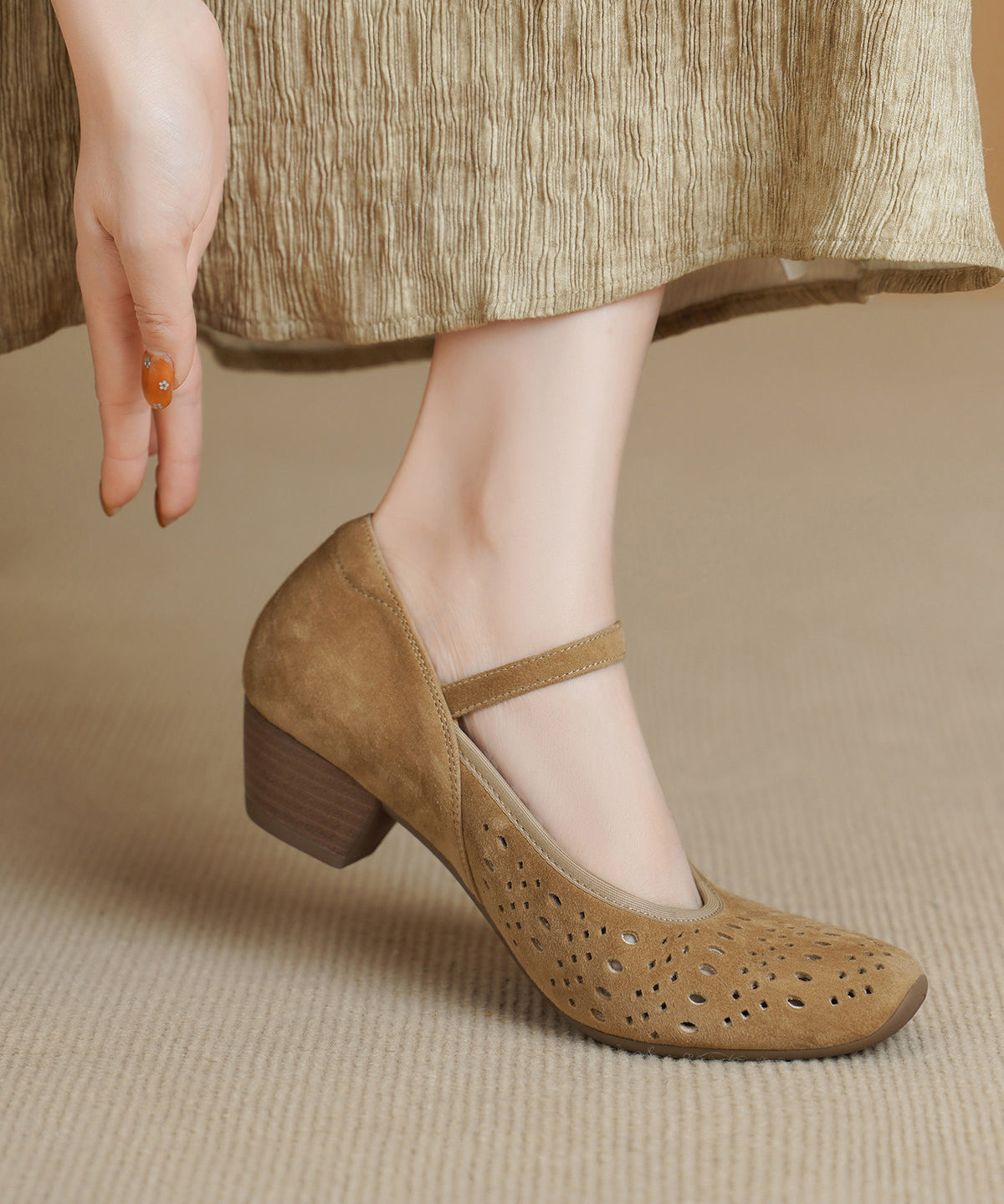 Apricot Hollow Out Buckle Strap Splicing Suede Chunky High Heels