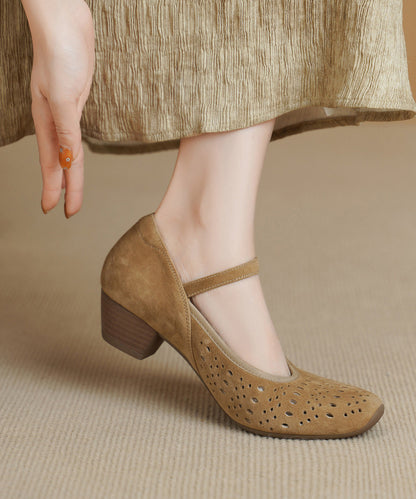 Apricot Hollow Out Buckle Strap Splicing Suede Chunky High Heels