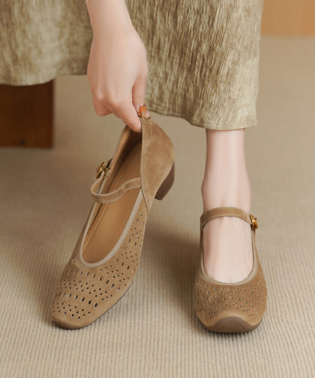 Apricot Hollow Out Buckle Strap Splicing Suede Chunky High Heels