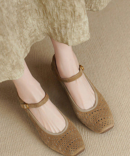 Apricot Hollow Out Buckle Strap Splicing Suede Chunky High Heels