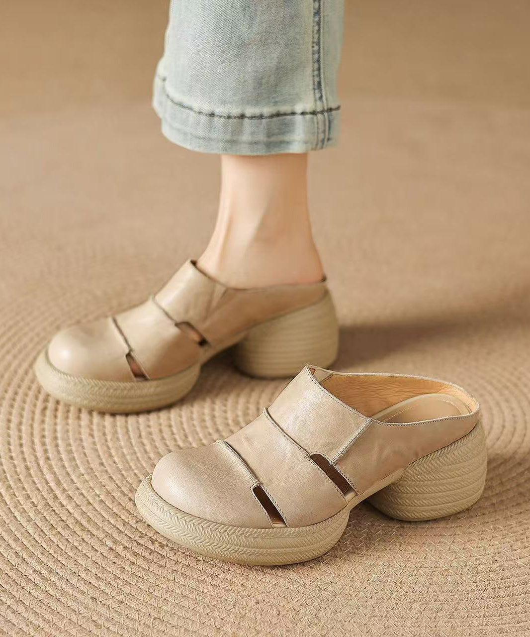 Apricot Hollow Out Splicing Cowhide Leather Chunky Heel Slide Sandal