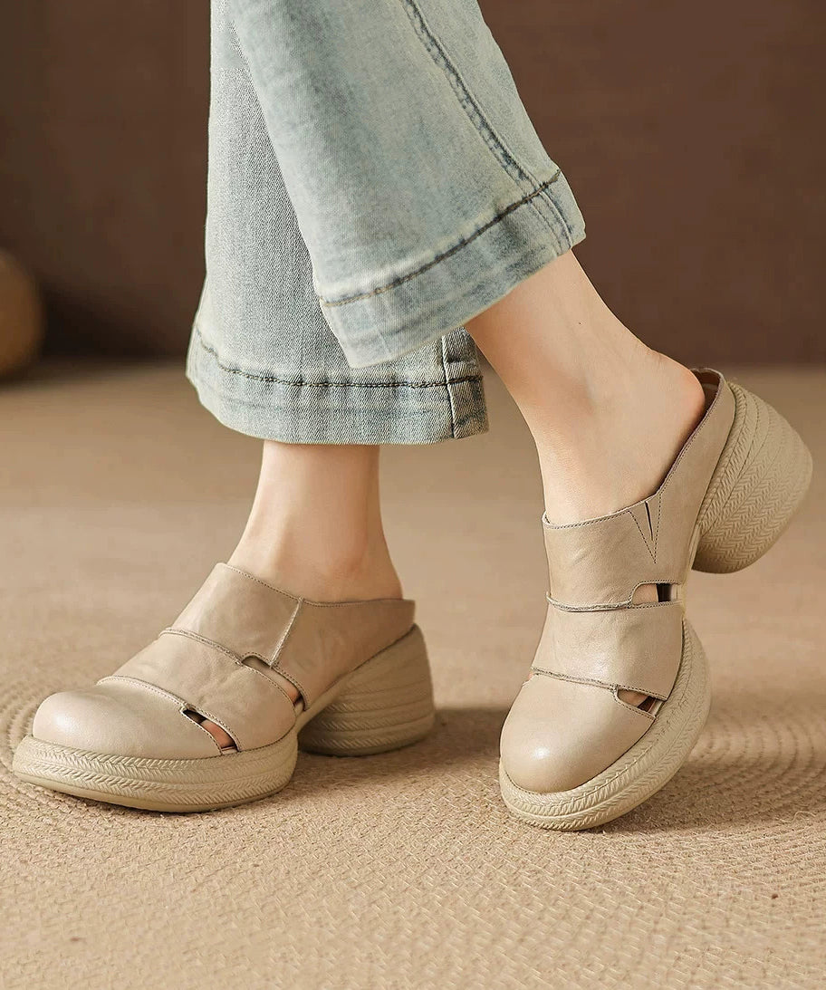 Apricot Hollow Out Splicing Cowhide Leather Chunky Heel Slide Sandal
