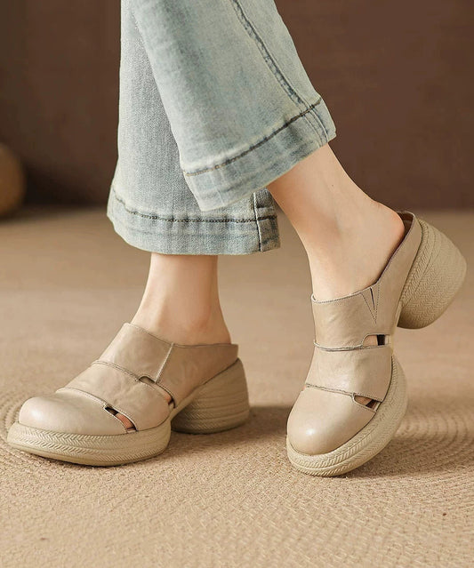 Apricot Hollow Out Splicing Cowhide Leather Chunky Heel Slide Sandal
