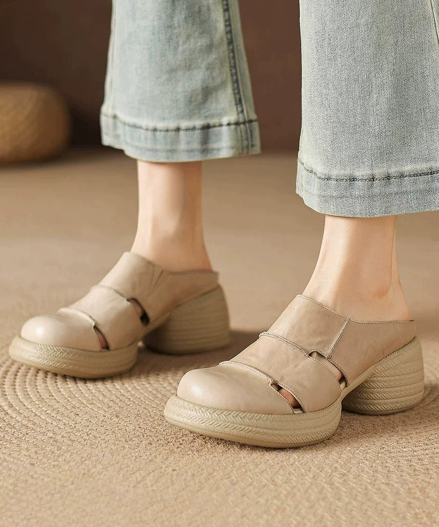 Apricot Hollow Out Splicing Cowhide Leather Chunky Heel Slide Sandal