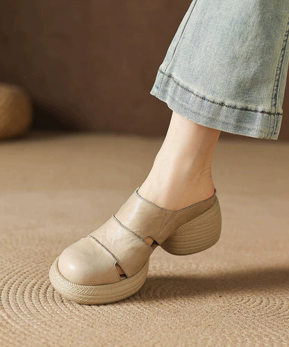 Apricot Hollow Out Splicing Cowhide Leather Chunky Heel Slide Sandal