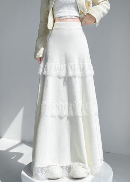 Apricot Lace Patchwork Solid Knit Skirt Elastic Waist