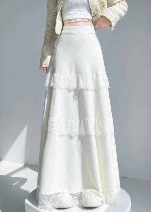 Apricot Lace Patchwork Solid Knit Skirt Elastic Waist