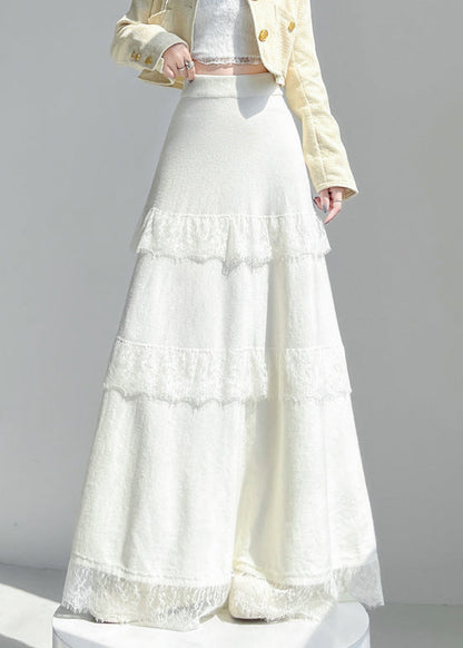 Apricot Lace Patchwork Solid Knit Skirt Elastic Waist