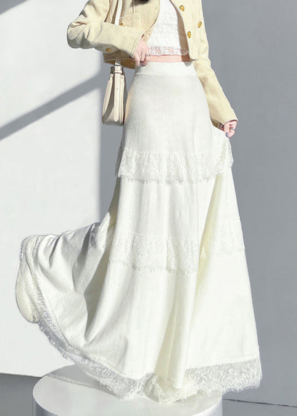 Apricot Lace Patchwork Solid Knit Skirt Elastic Waist