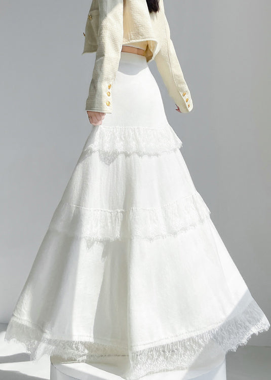 Apricot Lace Patchwork Solid Knit Skirt Elastic Waist