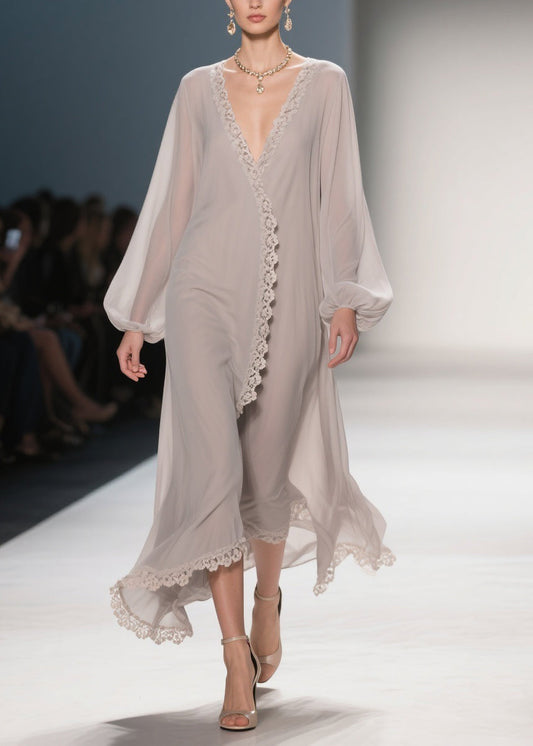 Apricot Lace Solid Chiffon Maxi Dresses V Neck