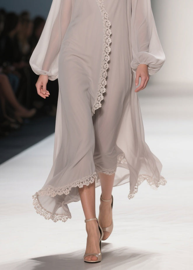 Apricot Lace Solid Chiffon Maxi Dresses V Neck