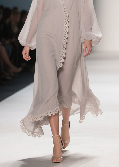 Apricot Lace Solid Chiffon Maxi Dresses V Neck