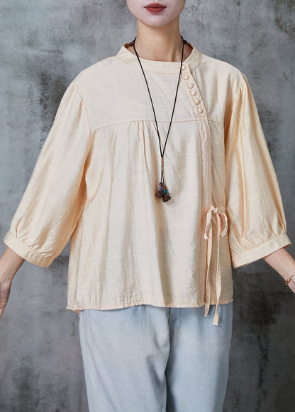 Apricot Linen Shirt Tops Oversized Lace Up Summer