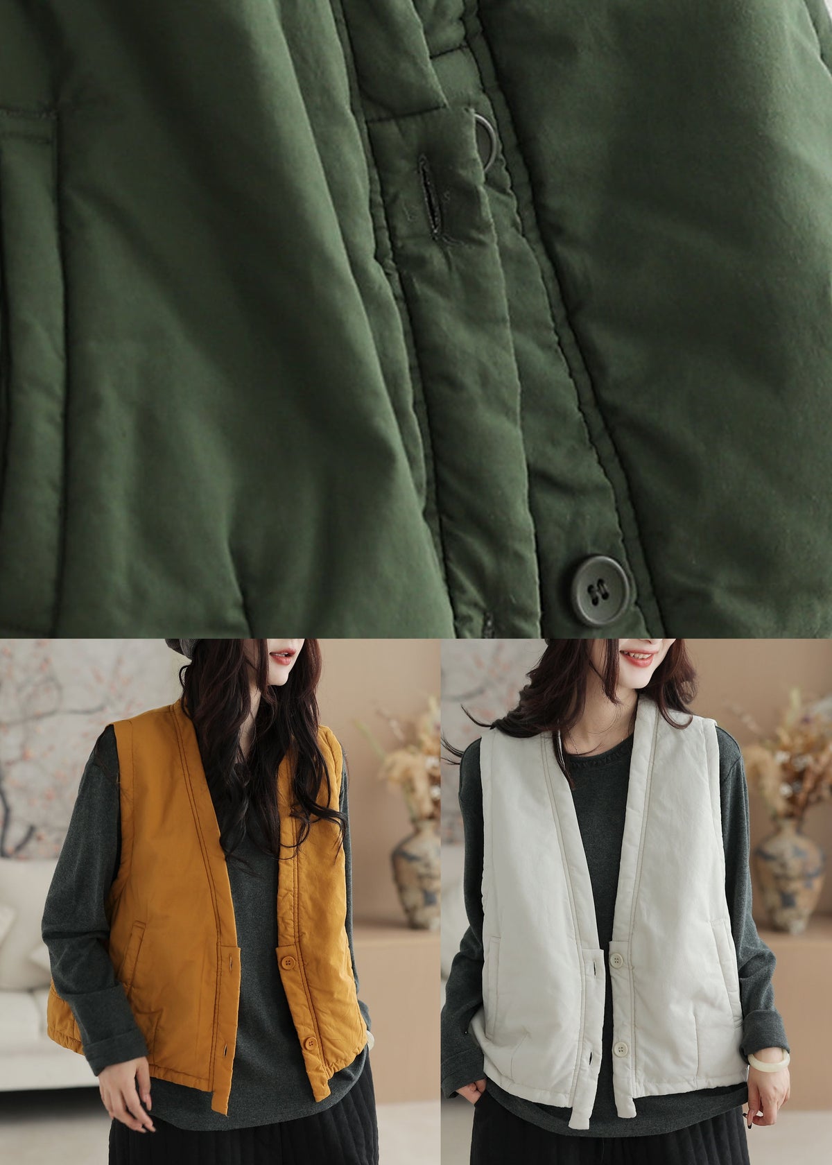 Apricot Patchwork Button Warm Solid Waistcoat Winter