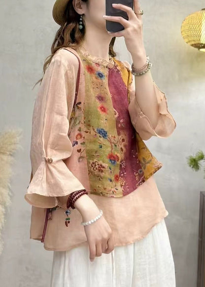 Apricot Patchwork Linen Blouses Oversized Print Bracelet Sleeve