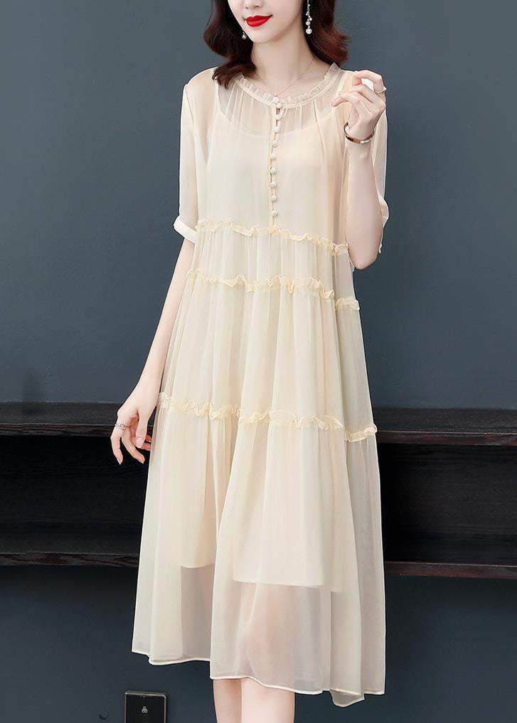 Apricot Patchwork Silk Two Pieces Set O-Neck Ruffled Dress Summer