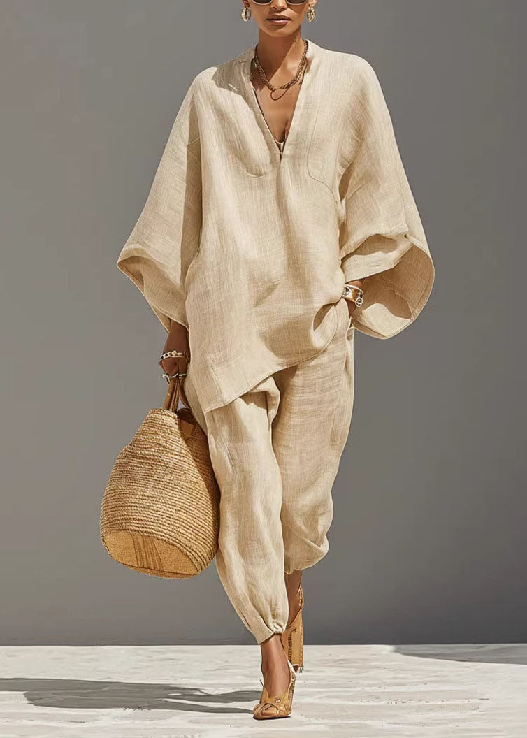 Apricot Patchwork Top And Beam Pants Two Pieces Set Batwing Sleeve