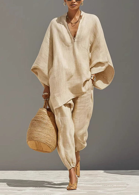Apricot Patchwork Top And Beam Pants Two Pieces Set Batwing Sleeve