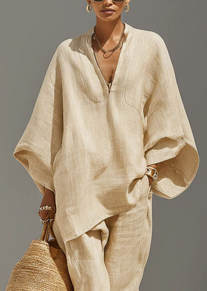 Apricot Patchwork Top And Beam Pants Two Pieces Set Batwing Sleeve