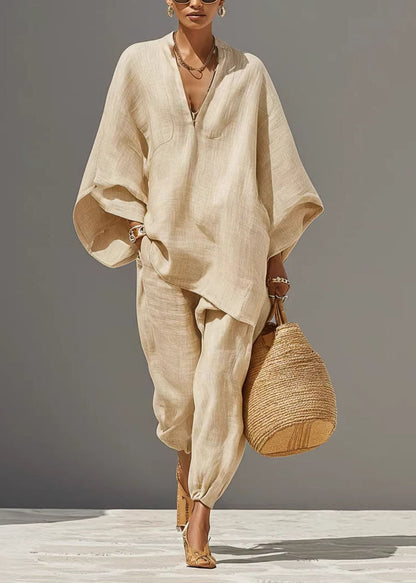 Apricot Patchwork Top And Beam Pants Two Pieces Set Batwing Sleeve