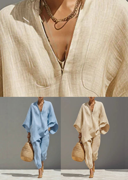 Apricot Patchwork Top And Beam Pants Two Pieces Set Batwing Sleeve