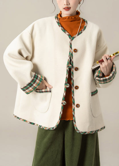 Apricot Pockets Patchwork Oversized Woolen Coats O Neck