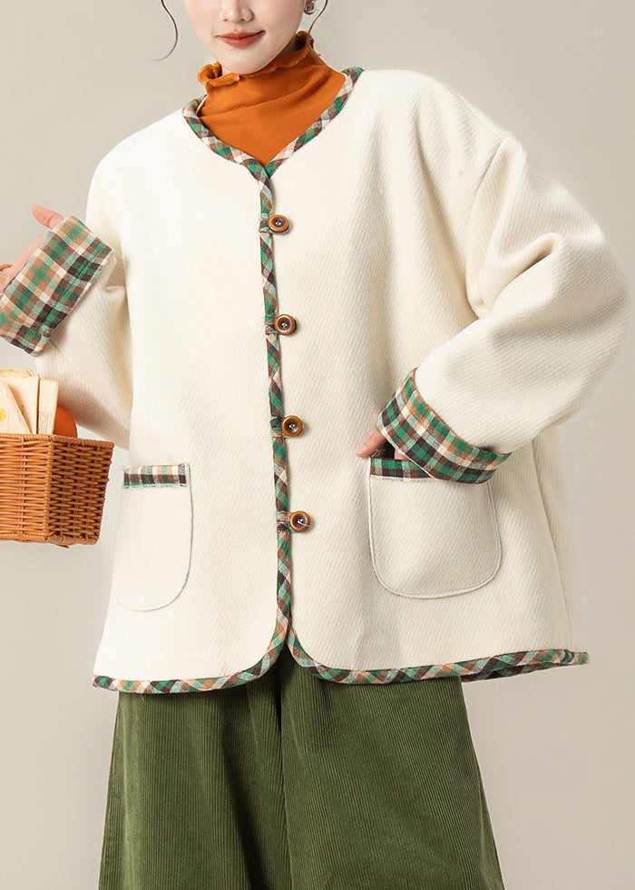 Apricot Pockets Patchwork Oversized Woolen Coats O Neck