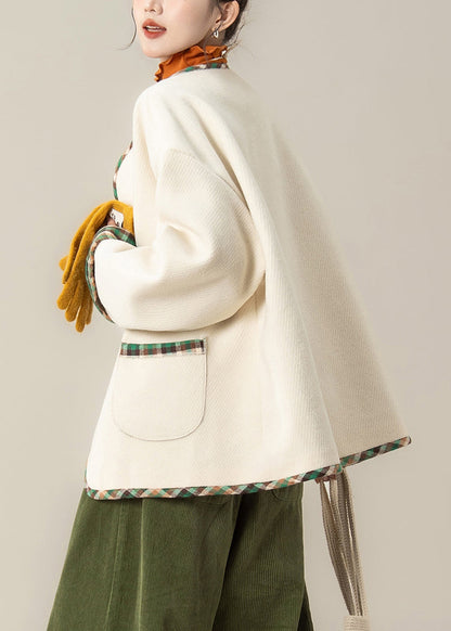 Apricot Pockets Patchwork Oversized Woolen Coats O Neck