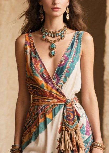 Apricot Print Chiffon Holiday Dress Tasseled Exra Large Hem Summer