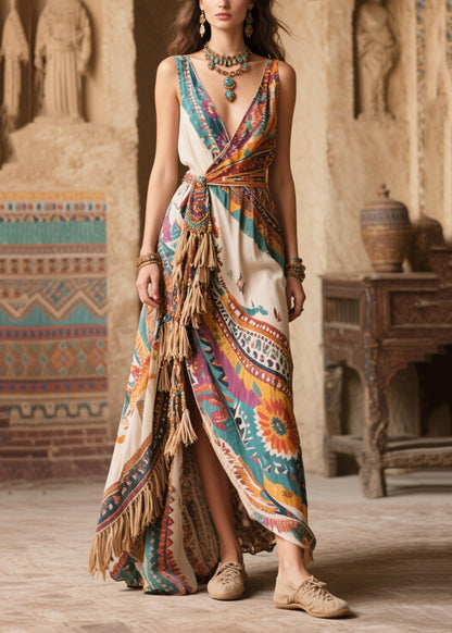 Apricot Print Chiffon Holiday Dress Tasseled Exra Large Hem Summer