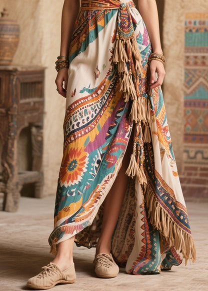 Apricot Print Chiffon Holiday Dress Tasseled Exra Large Hem Summer