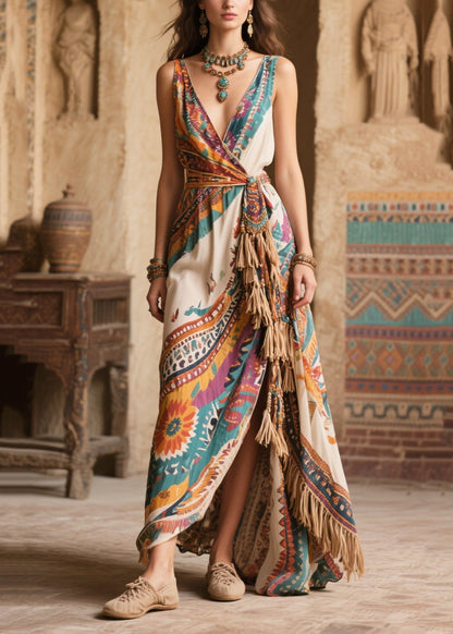 Apricot Print Chiffon Holiday Dress Tasseled Exra Large Hem Summer