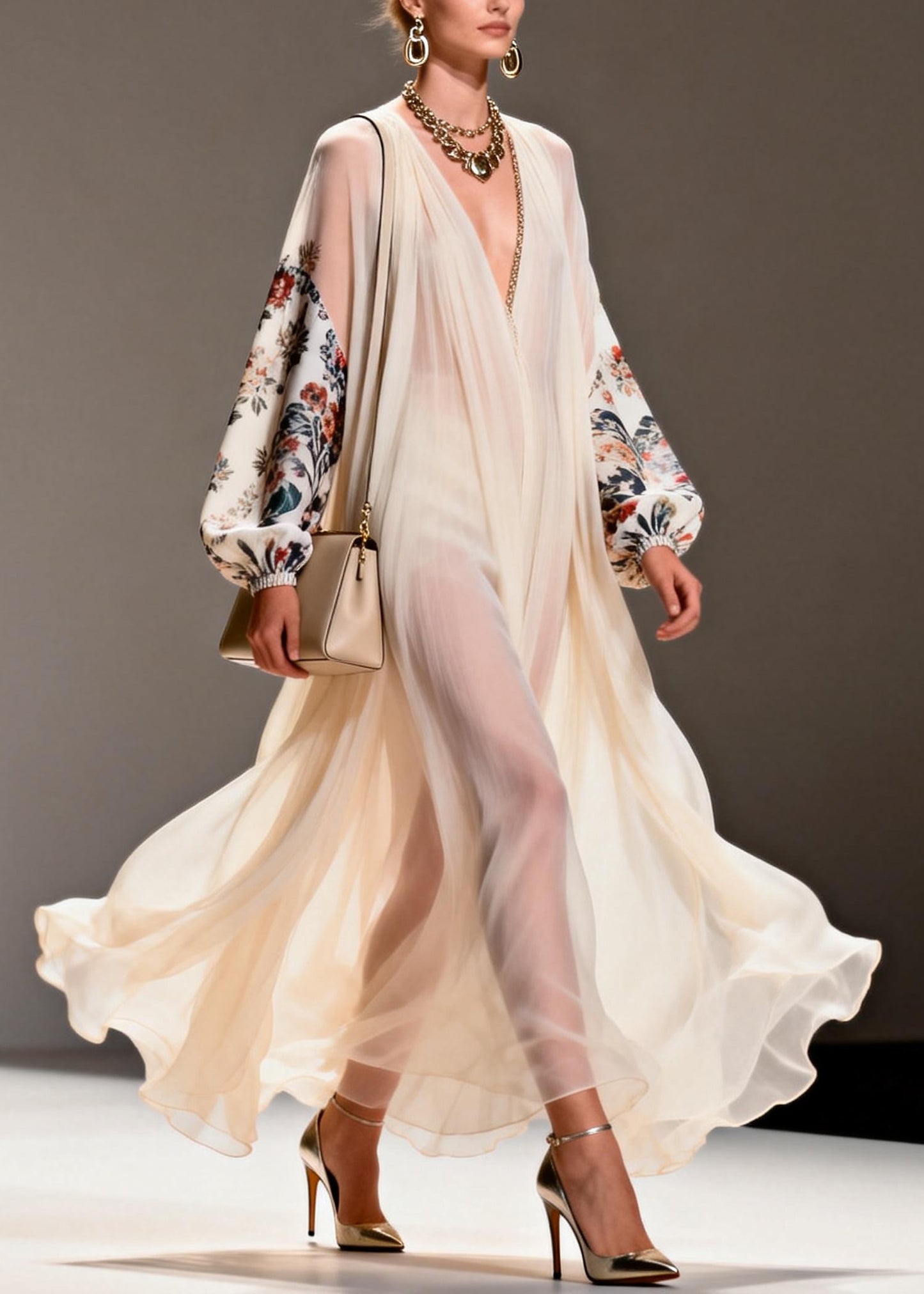 Apricot Print Chiffon Long Dresses Oversized Exra Large Hem Summer