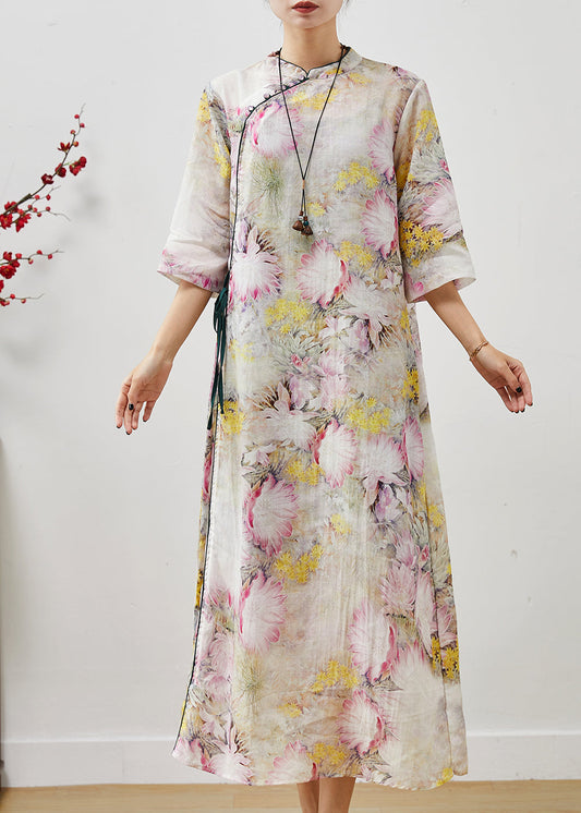 Apricot Print Linen Oriental Dress Mandarin Collar Summer