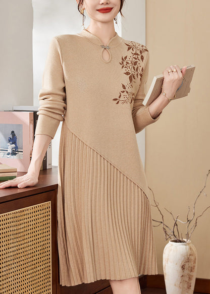 Apricot Print Ptchwork Hollow Out Cotton Knit Maxi Sweater Dress Spring