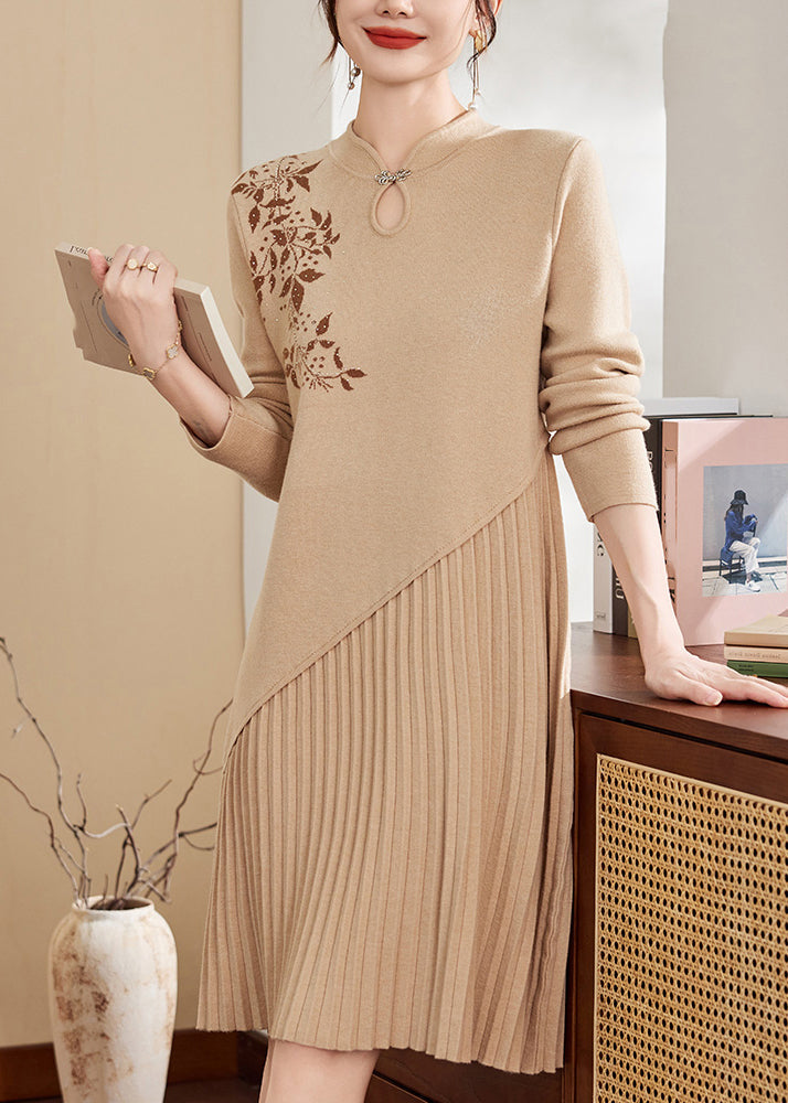 Apricot Print Ptchwork Hollow Out Cotton Knit Maxi Sweater Dress Spring