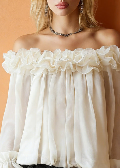 Apricot Ruffled Solid Blouses Slash Neck Spring