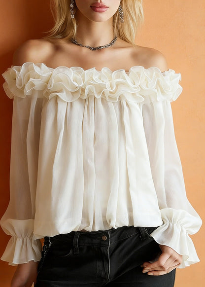 Apricot Ruffled Solid Blouses Slash Neck Spring