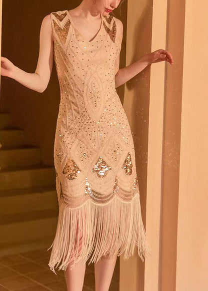 Apricot Sequins Lace Work Dress Tasseled Sleeveless