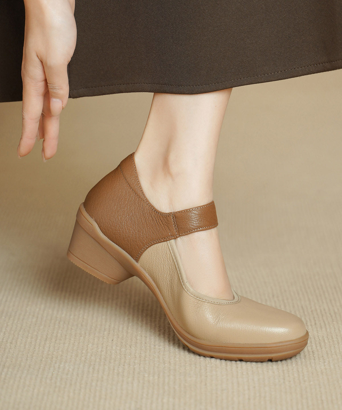 Apricot Sheepskin Splicing Chunky Heels Shoes Buckle Strap