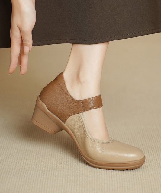 Apricot Sheepskin Splicing Chunky Heels Shoes Buckle Strap