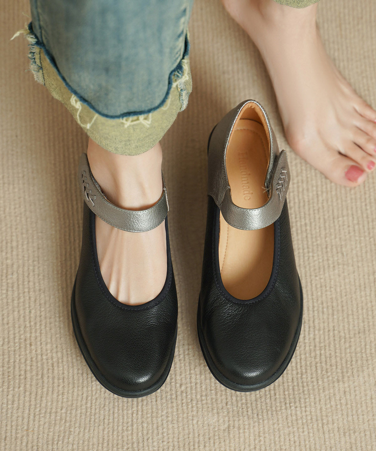 Apricot Sheepskin Splicing Chunky Heels Shoes Buckle Strap