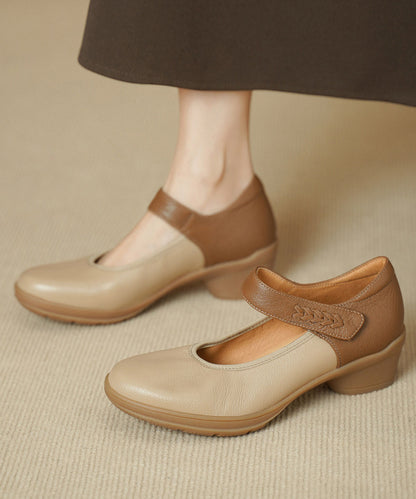 Apricot Sheepskin Splicing Chunky Heels Shoes Buckle Strap