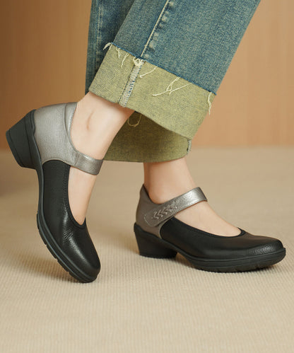Apricot Sheepskin Splicing Chunky Heels Shoes Buckle Strap