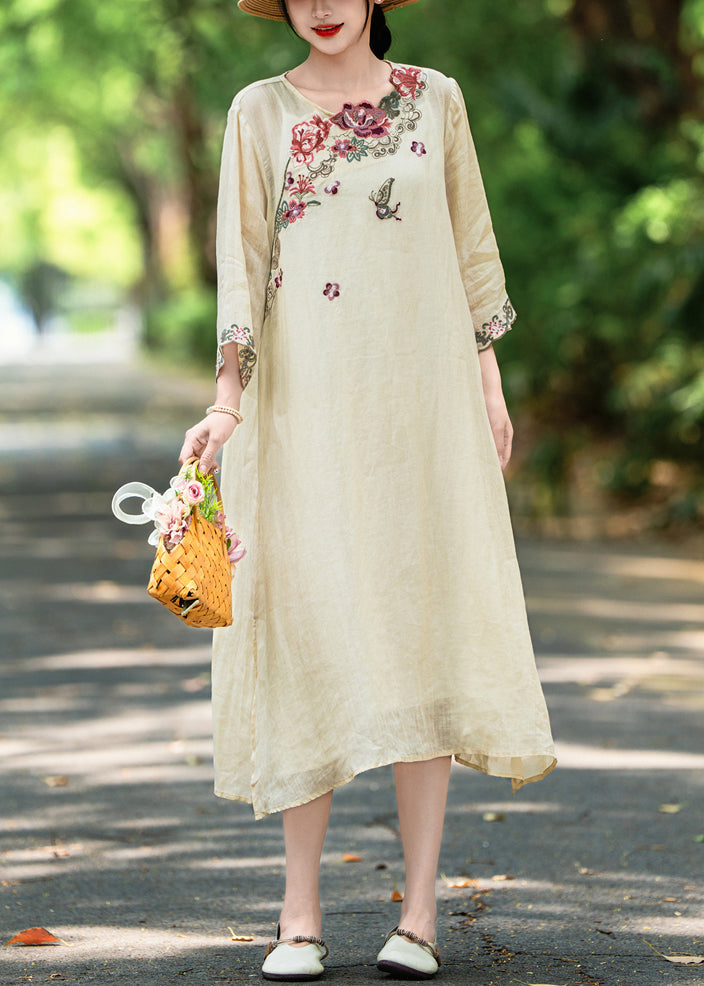 Apricot Side Open Linen Dresses Embroidered Bracelet Sleeve