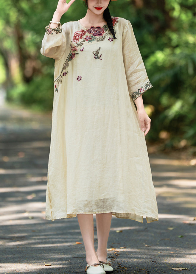 Apricot Side Open Linen Dresses Embroidered Bracelet Sleeve