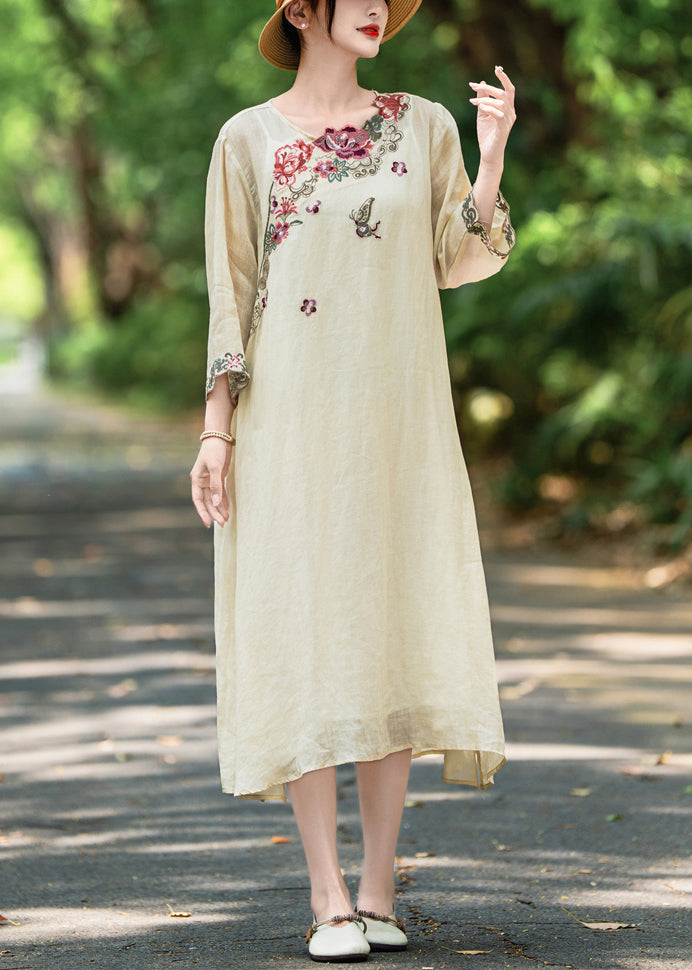 Apricot Side Open Linen Dresses Embroidered Bracelet Sleeve