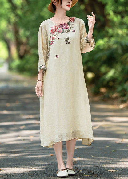 Apricot Side Open Linen Dresses Embroidered Bracelet Sleeve
