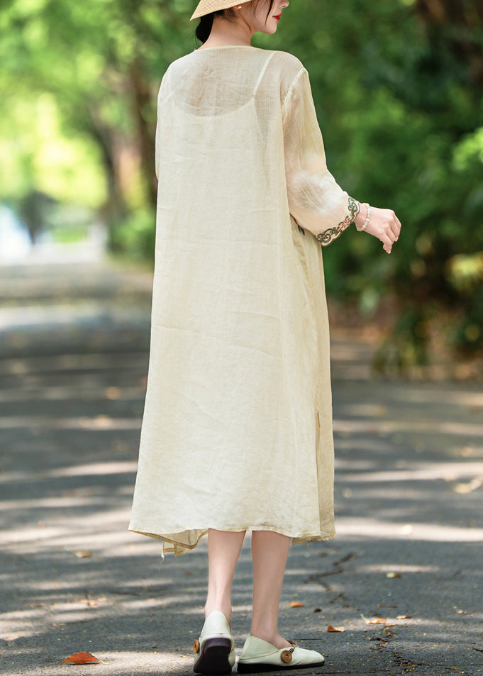 Apricot Side Open Linen Dresses Embroidered Bracelet Sleeve